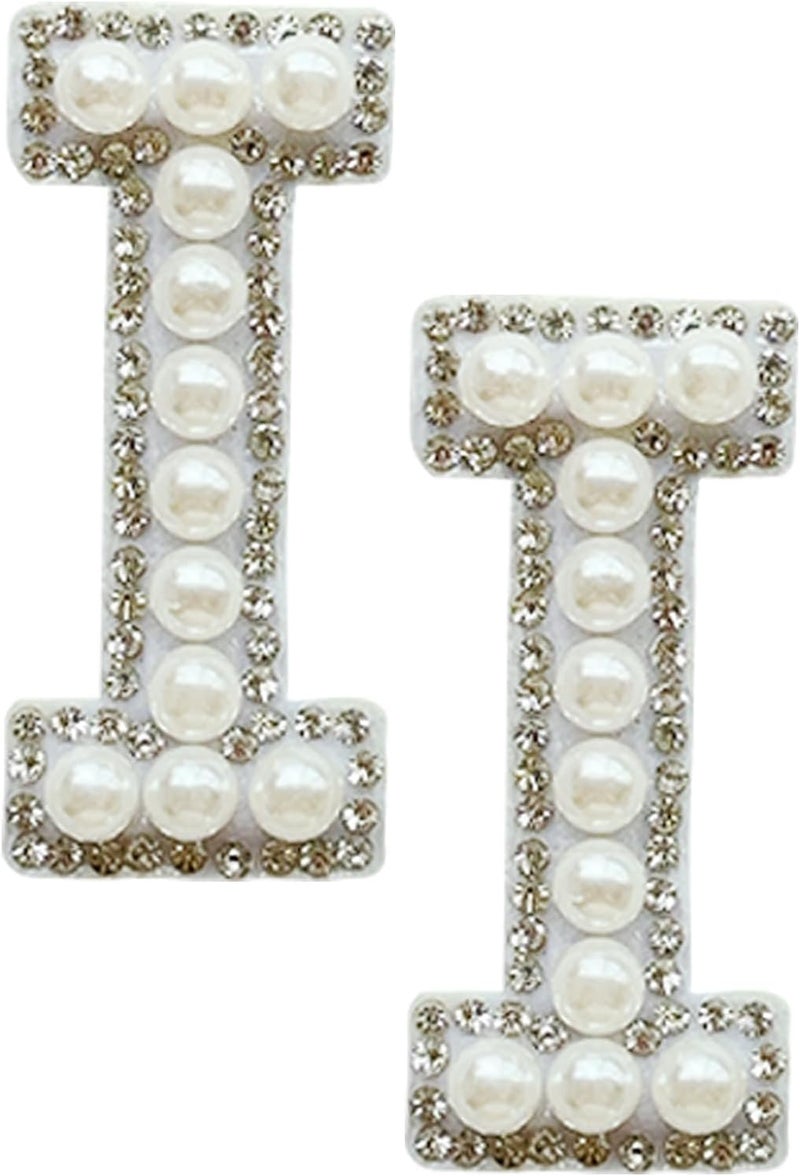 SOYCEV 2PCS White Pearl Iron on Rhinestone & Sequin Sparkly Letter Patches for Backpacks & Clothing - Image 1